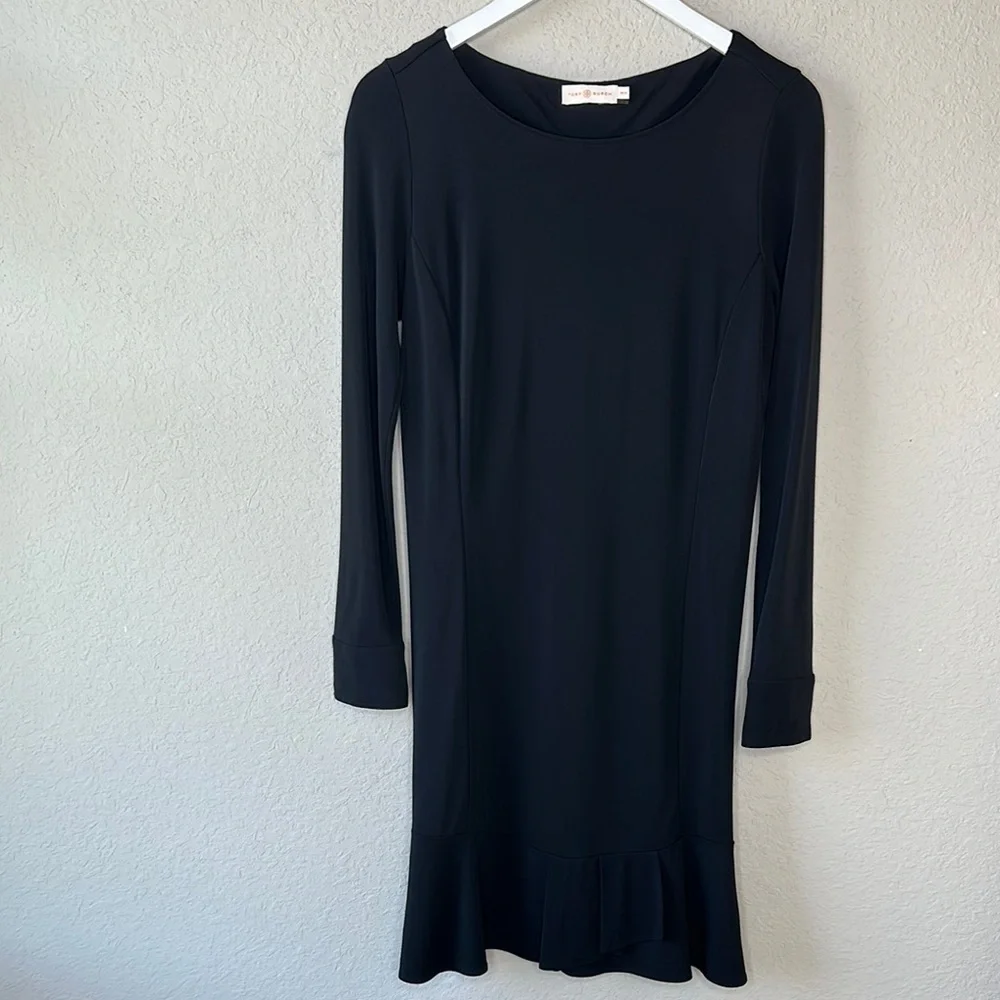 Tory Burch Foster Ruffle Hem Shift Dress Long Sleeve‎ Black Size Medium